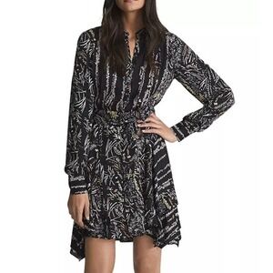 Reiss Lola Black Abstract Print Long Sleeve Fit  Flare Mini Dress Tie Waist US 2